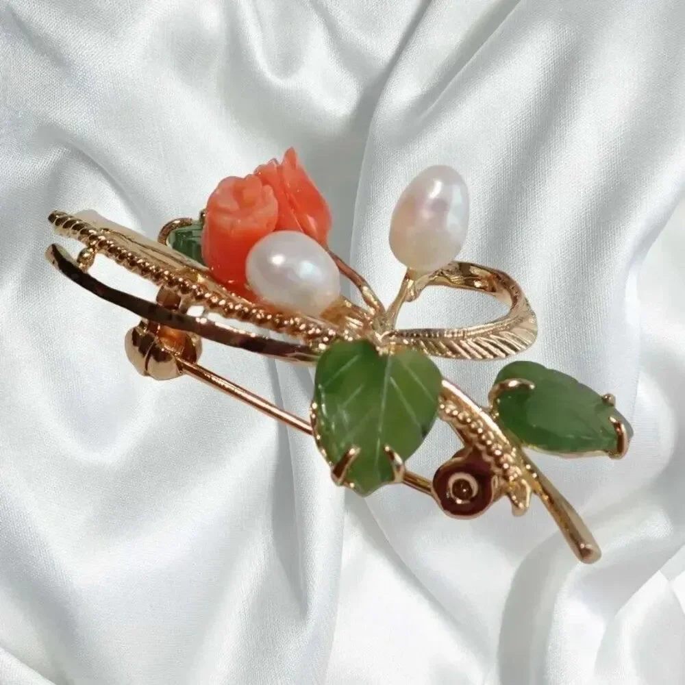 Pink Coral Pearls & Green Jade Leaves Brooch Floral Spray Faux Fashion VTG Pin